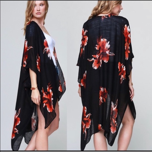 Accessories - Black Floral Print Kimono Wrap